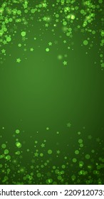 Snowy christmas background. Subtle flying snow flakes and stars on christmas green background. Delicate sweet snowy christmas. Vertical vector illustration.