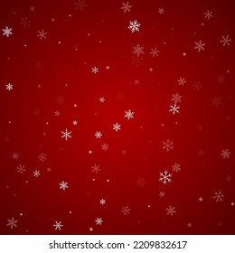 Snowy christmas background. Subtle flying snow flakes and stars on christmas red background. Delicate sweet snowy christmas. Square vector illustration.