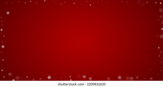 Schneeweißer Weihnachtshintergrund. Subtile fliegende Schneeflocken und Sterne auf christlich-rotem Hintergrund. Delikate, süße, schneebedeckte Weihnachten. Große Vektorgrafik.