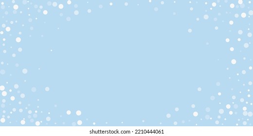 Snowy christmas background. Subtle flying snow flakes and stars on light blue winter backdrop. Delicate sweet snowy christmas. Wide vector illustration.