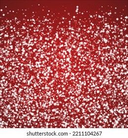 Snowy christmas background. Subtle flying snow flakes and stars on christmas red background. Delicate sweet snowy christmas. Square vector illustration.