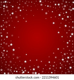 Snowy christmas background. Subtle flying snow flakes and stars on christmas red background. Delicate sweet snowy christmas. Square vector illustration.