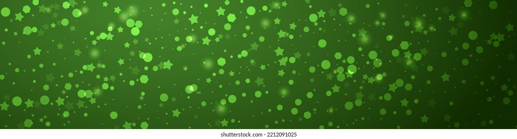 Snowy christmas background. Subtle flying snow flakes and stars on christmas green background. Delicate sweet snowy christmas. Panoramic vector illustration.