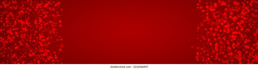 Schneeweißer Weihnachtshintergrund. Subtile fliegende Schneeflocken und Sterne auf christlich-rotem Hintergrund. Delikate, süße, schneebedeckte Weihnachten. Panoramavektorgrafik.