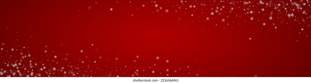 Snowy christmas background. Subtle flying snow flakes and stars on christmas red background. Delicate sweet snowy christmas. Panoramic vector illustration.
