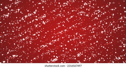 Snowy christmas background. Subtle flying snow flakes and stars on christmas red background. Delicate sweet snowy christmas. Wide vector illustration.