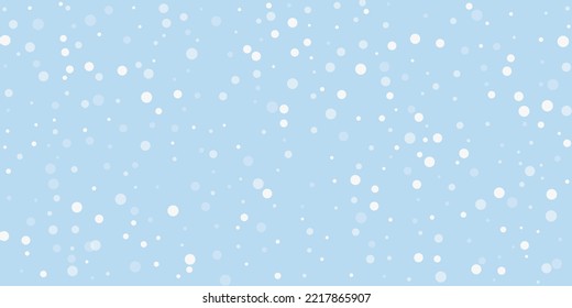 Snowy christmas background. Subtle flying snow flakes and stars on light blue winter backdrop. Delicate sweet snowy christmas. Wide vector illustration.