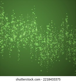 Snowy christmas background. Subtle flying snow flakes and stars on christmas green background. Delicate sweet snowy christmas. Square vector illustration.