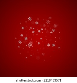 Snowy christmas background. Subtle flying snow flakes and stars on christmas red background. Delicate sweet snowy christmas. Square vector illustration.