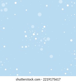 Snowy christmas background. Subtle flying snow flakes and stars on light blue winter backdrop. Delicate sweet snowy christmas. Square vector illustration.