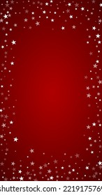 Snowy christmas background. Subtle flying snow flakes and stars on christmas red background. Delicate sweet snowy christmas. Vertical vector illustration.