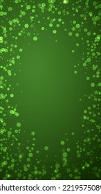 Snowy christmas background. Subtle flying snow flakes and stars on christmas green background. Delicate sweet snowy christmas. Vertical vector illustration.