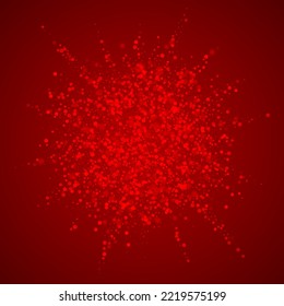 Snowy christmas background. Subtle flying snow flakes and stars on christmas red background. Delicate sweet snowy christmas. Square vector illustration.