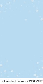 Snowy christmas background. Subtle flying snow flakes and stars on light blue winter backdrop. Delicate sweet snowy christmas. Vertical vector illustration.