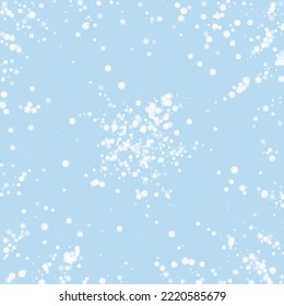 Snowy christmas background. Subtle flying snow flakes and stars on light blue winter backdrop. Delicate sweet snowy christmas. Square vector illustration.