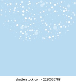 Snowy christmas background. Subtle flying snow flakes and stars on light blue winter backdrop. Delicate sweet snowy christmas. Square vector illustration.