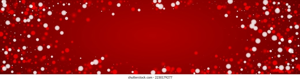 Snowy christmas background. Subtle flying snow flakes and stars on christmas red background. Delicate sweet snowy christmas. Panoramic vector illustration.