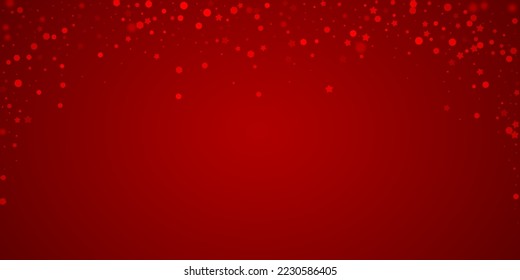 Snowy christmas background. Subtle flying snow flakes and stars on christmas red background. Delicate sweet snowy christmas. Wide vector illustration.