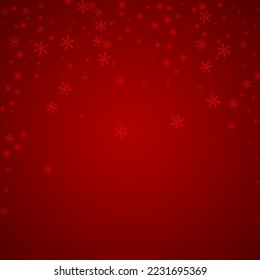 Snowy christmas background. Subtle flying snow flakes and stars on christmas red background. Delicate sweet snowy christmas. Square vector illustration.