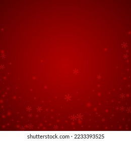 Fondo de navidad nevada. Sutiles copos de nieve volando y estrellas de fondo rojo navideño. Delicadas navidades nevadas dulces. Ilustración vectorial cuadrada.