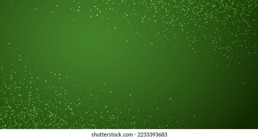 Snowy christmas background. Subtle flying snow flakes and stars on christmas green background. Delicate sweet snowy christmas. Wide vector illustration.
