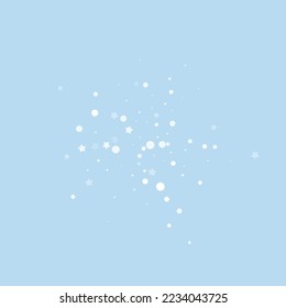 Snowy christmas background. Subtle flying snow flakes and stars on light blue winter backdrop. Delicate sweet snowy christmas. Square vector illustration.
