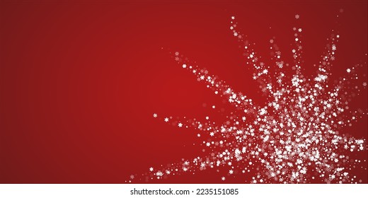 Snowy christmas background. Subtle flying snow flakes and stars on christmas red background. Delicate sweet snowy christmas. Wide vector illustration.