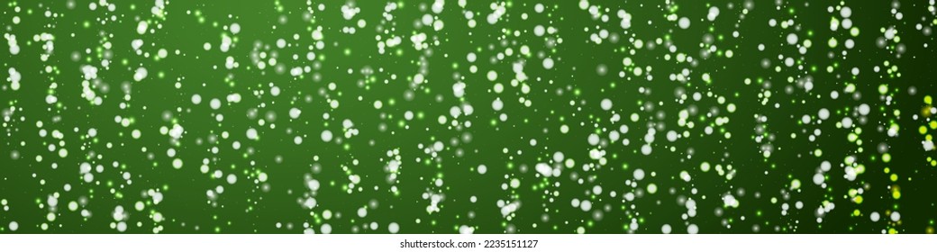 Snowy christmas background. Subtle flying snow flakes and stars on christmas green background. Delicate sweet snowy christmas. Panoramic vector illustration.
