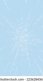 Fondo de navidad nevada. Sutiles copos de nieve volando y estrellas en el fondo azul claro del invierno. Delicadas navidades nevadas dulces. Ilustración vectorial vertical.
