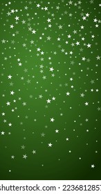Snowy christmas background. Subtle flying snow flakes and stars on christmas green background. Delicate sweet snowy christmas. Vertical vector illustration.