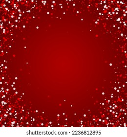 Fondo de navidad nevada. Sutiles copos de nieve volando y estrellas de fondo rojo navideño. Delicadas navidades nevadas dulces. Ilustración vectorial cuadrada.