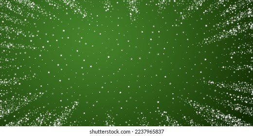 Snowy christmas background. Subtle flying snow flakes and stars on christmas green background. Delicate sweet snowy christmas. Wide vector illustration.