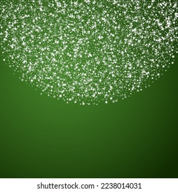 Snowy christmas background. Subtle flying snow flakes and stars on christmas green background. Delicate sweet snowy christmas. Square vector illustration.