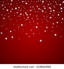 Schneeweißer Weihnachtshintergrund. Subtile fliegende Schneeflocken und Sterne auf christlich-rotem Hintergrund. Delikate, süße, schneebedeckte Weihnachten. Square, Vektorgrafik.