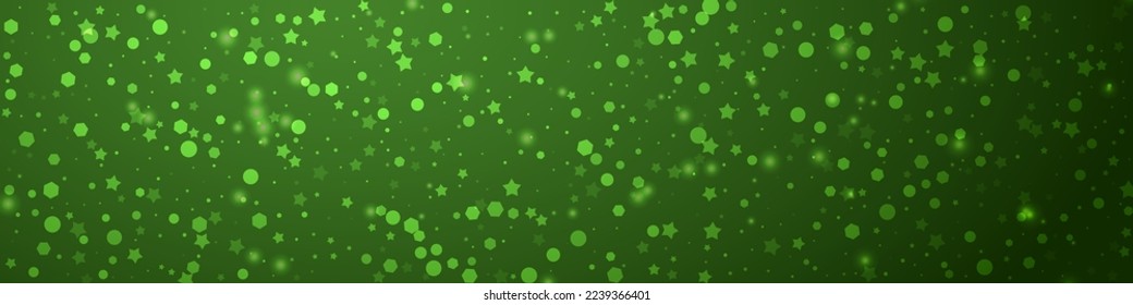 Snowy christmas background. Subtle flying snow flakes and stars on christmas green background. Delicate sweet snowy christmas. Panoramic vector illustration.