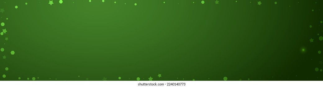Snowy christmas background. Subtle flying snow flakes and stars on christmas green background. Delicate sweet snowy christmas. Panoramic vector illustration.