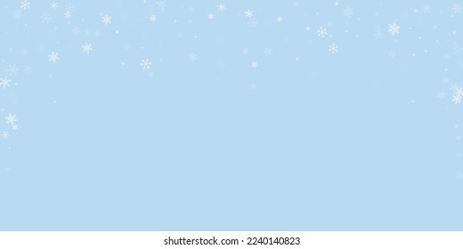 Snowy christmas background. Subtle flying snow flakes and stars on light blue winter backdrop. Delicate sweet snowy christmas. Wide vector illustration.
