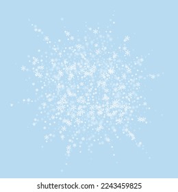 Snowy christmas background. Subtle flying snow flakes and stars on light blue winter backdrop. Delicate sweet snowy christmas. Square vector illustration.