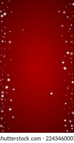 Snowy christmas background. Subtle flying snow flakes and stars on christmas red background. Delicate sweet snowy christmas. Vertical vector illustration.