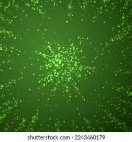 Snowy christmas background. Subtle flying snow flakes and stars on christmas green background. Delicate sweet snowy christmas. Square vector illustration.