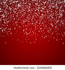 Snowy christmas background. Subtle flying snow flakes and stars on christmas red background. Delicate sweet snowy christmas. Square vector illustration.