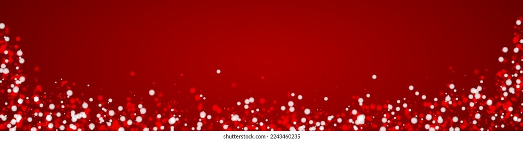 Fondo de navidad nevada. Sutiles copos de nieve volando y estrellas de fondo rojo navideño. Delicadas navidades nevadas dulces. Ilustración de vector panorámica.