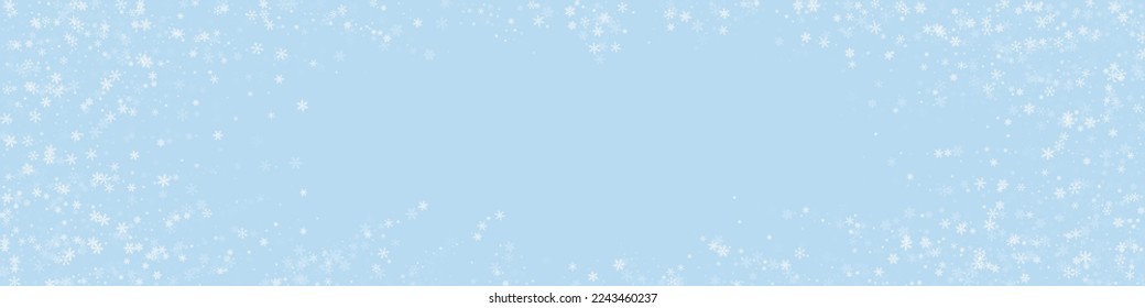 Snowy christmas background. Subtle flying snow flakes and stars on light blue winter backdrop. Delicate sweet snowy christmas. Panoramic vector illustration.