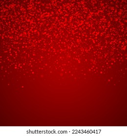 Snowy christmas background. Subtle flying snow flakes and stars on christmas red background. Delicate sweet snowy christmas. Square vector illustration.