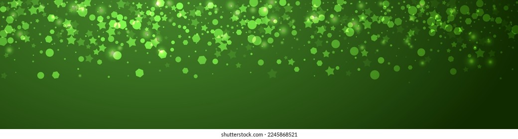 Fondo de navidad nevada. Sutiles copos de nieve volando y estrellas sobre fondo verde navideño. Delicadas navidades nevadas dulces. Ilustración de vector panorámica.