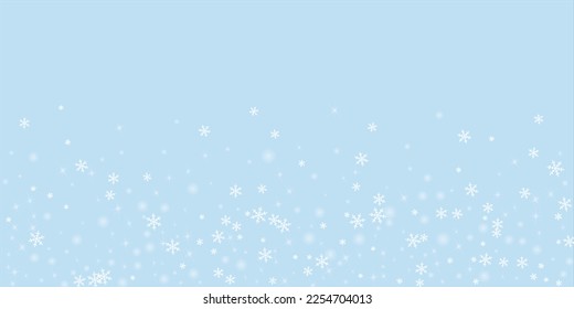 Snowy christmas background. Subtle flying snow flakes and stars on light blue winter backdrop. Delicate sweet snowy christmas. Wide vector illustration.