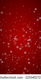Fondo de navidad nevada. Sutiles copos de nieve volando y estrellas de fondo rojo navideño. Delicadas navidades nevadas dulces. Ilustración vectorial vertical.