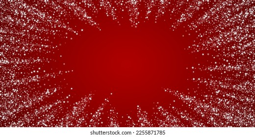 Fondo de navidad nevada. Sutiles copos de nieve volando y estrellas de fondo rojo navideño. Delicadas navidades nevadas dulces. Ilustración vectorial amplia.