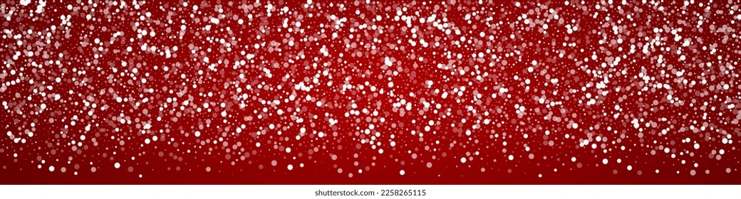 Snowy christmas background. Subtle flying snow flakes and stars on christmas red background. Delicate sweet snowy christmas. Panoramic vector illustration.