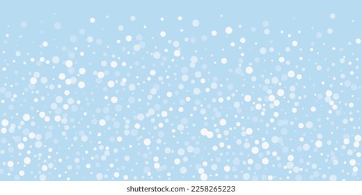 Snowy christmas background. Subtle flying snow flakes and stars on light blue winter backdrop. Delicate sweet snowy christmas. Wide vector illustration.